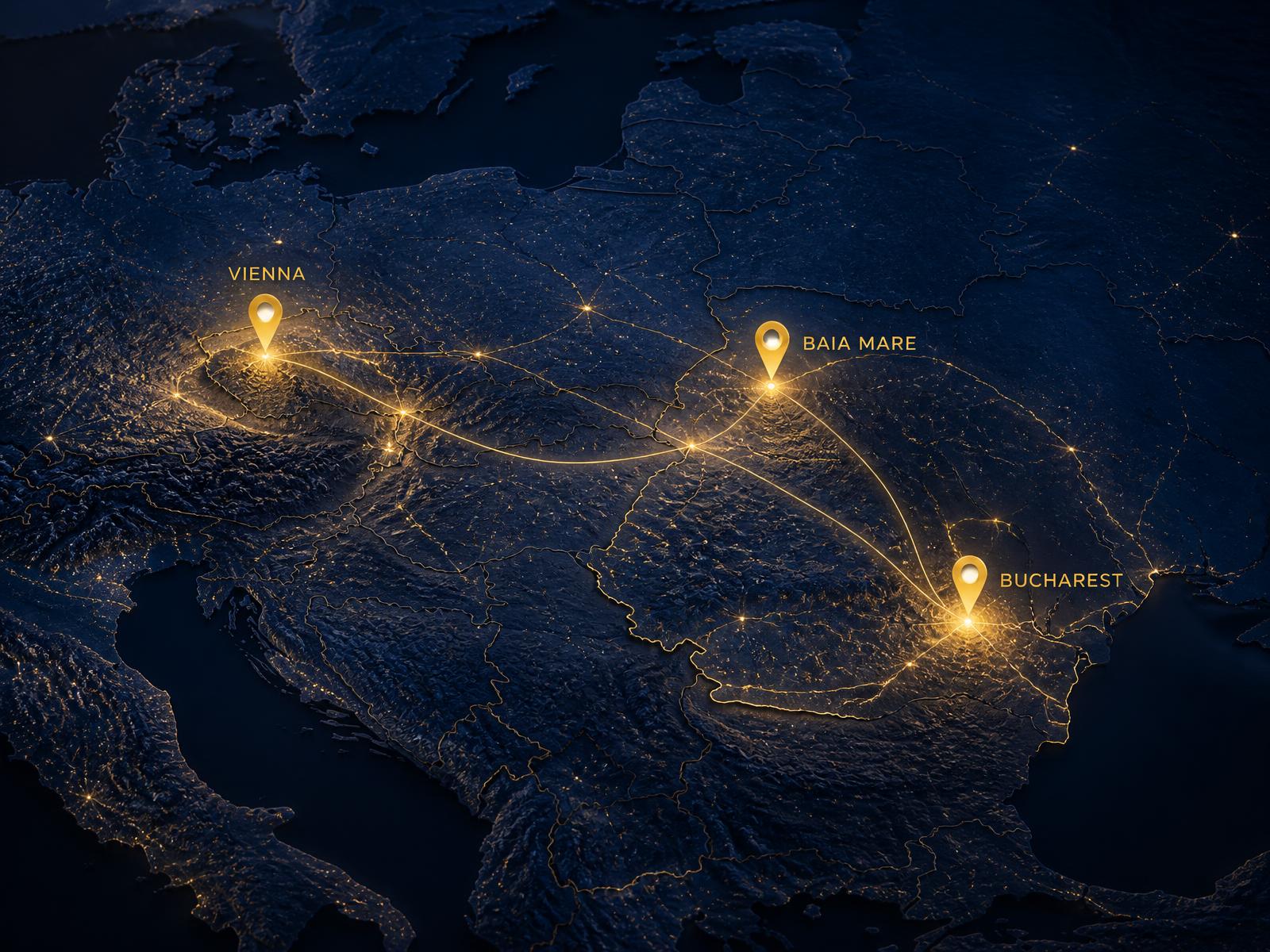 Night map of Central and Eastern Europe with glowing gold pins on Vienna, Baia Mare and Bucharest