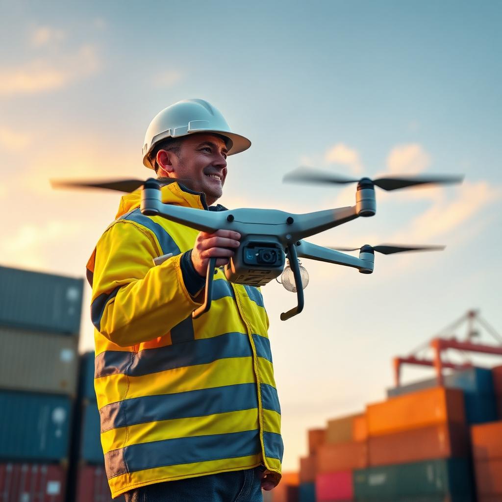 Logistics operator flying a survey drone over a container terminal