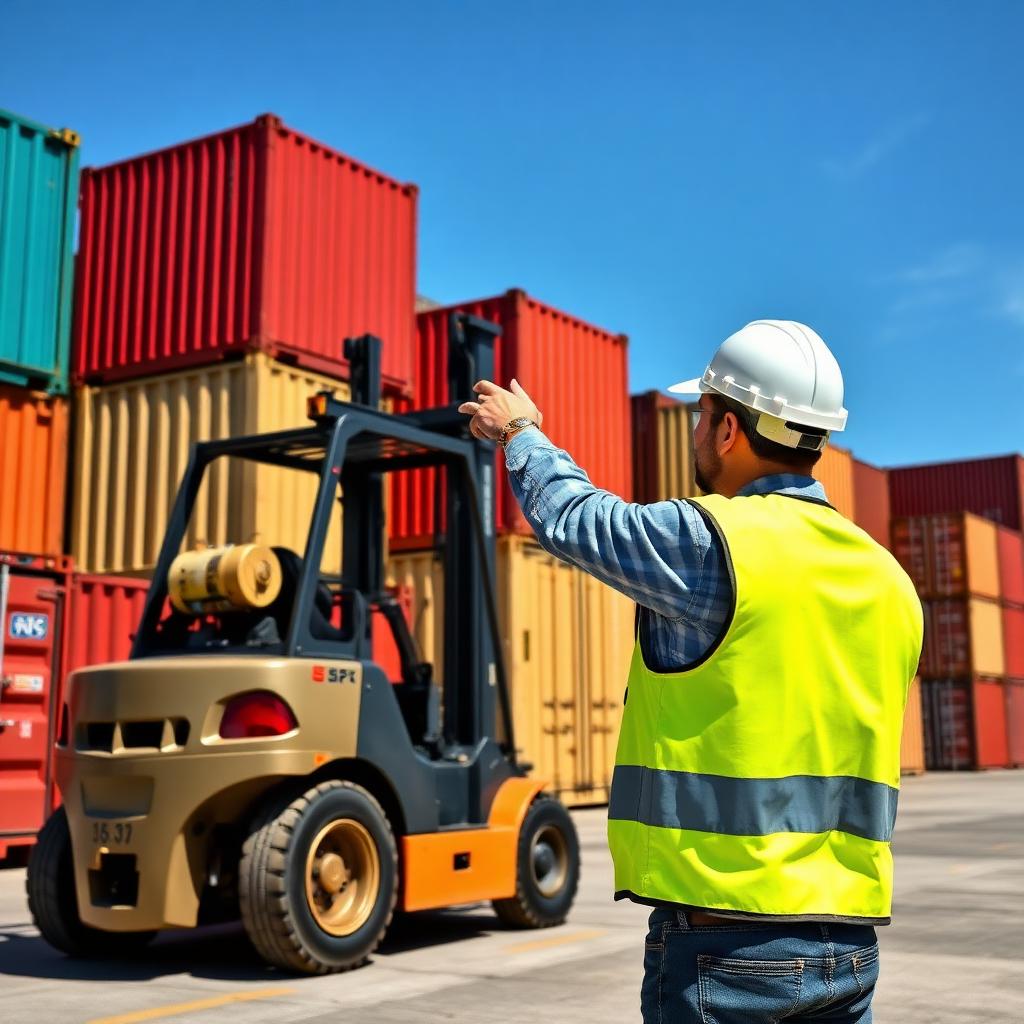 Container handler and logistics worker at a freight yard