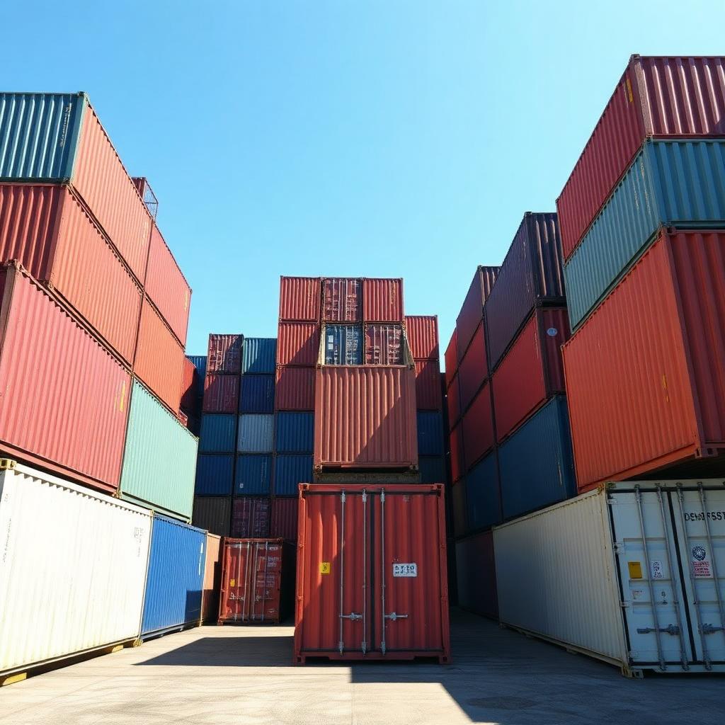Stacked shipping containers in a distribution yard